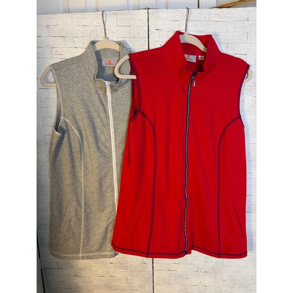 Quacker factory 2 women’s sweatshirt sleeveless red gray pockets rhinestone zip - Picture 1 of 13